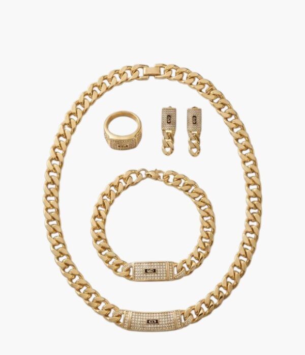 18K Gold Plated Cuban Chain Rhinestone Jewelry Set