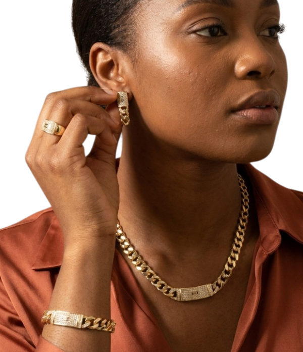 18K Gold Plated Cuban Chain Rhinestone Jewelry Set